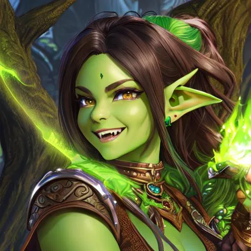 Prompt: oil painting, D&D fantasy, green-skinned-goblin girl, green-skinned-female, small, beautiful, short dark brown hair, wavy hair, smiling, pointed ears, fangs, looking at the viewer, cleric wearing intricate adventurer outfit, #3238, UHD, hd , 8k eyes, detailed face, big anime dreamy eyes, 8k eyes, intricate details, insanely detailed, masterpiece, cinematic lighting, 8k, complementary colors, golden ratio, octane render, volumetric lighting, unreal 5, artwork, concept art, cover, top model, light on hair colorful glamourous hyperdetailed medieval city background, intricate hyperdetailed breathtaking colorful glamorous scenic view landscape, ultra-fine details, hyper-focused, deep colors, dramatic lighting, ambient lighting god rays, flowers, garden | by sakimi chan, artgerm, wlop, pixiv, tumblr, instagram, deviantart