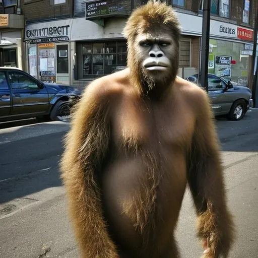 Prompt: A sasquatch street dealer of hard drugs.