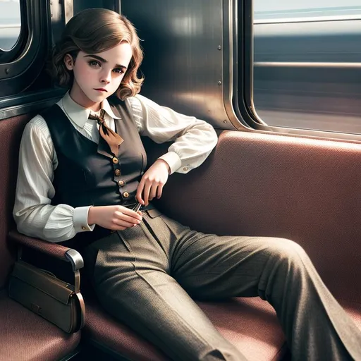 Prompt: old time photo of young emma Watson, dressed with 1920s hair, mens pants, sitting on train, raw photo, photorealistic, High Detail, dramatic, UHD, HDR raw photo, realistic, sharp focus, 8K high definition, insanely detailed, intricate, high quality, 