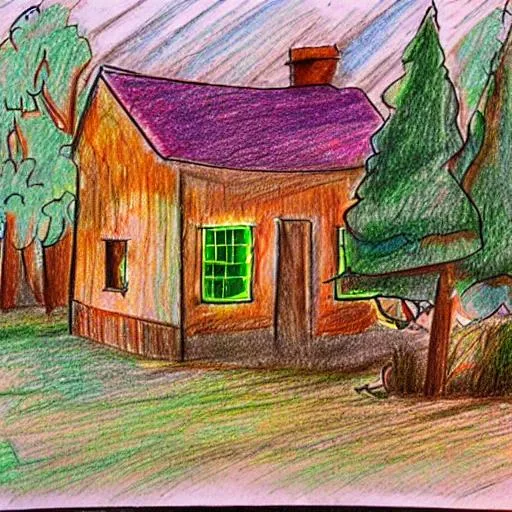 Prompt: a drawing of an old run down house, ring lights, in the woods, with solid colors