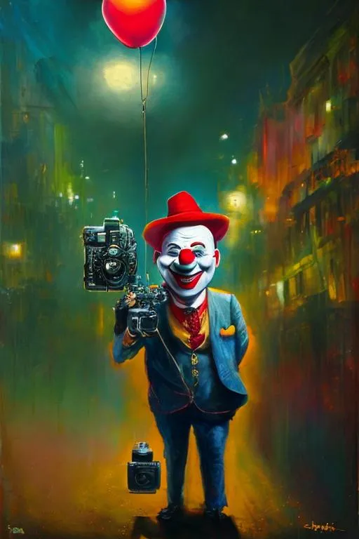 Prompt: Ugly smiling clown holding big photographic camera.  Standing on the street. Peple walking. Scarry. hyper detailed, trending on artstation, beautiful, radiant, ralph steadman, oil on canvas, beksinski, yellow and green