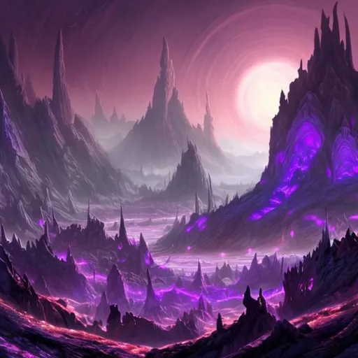 Prompt: Mystical elven city overlooking a vast crevasse which in circles a den of dragons purple and glowing in color. 