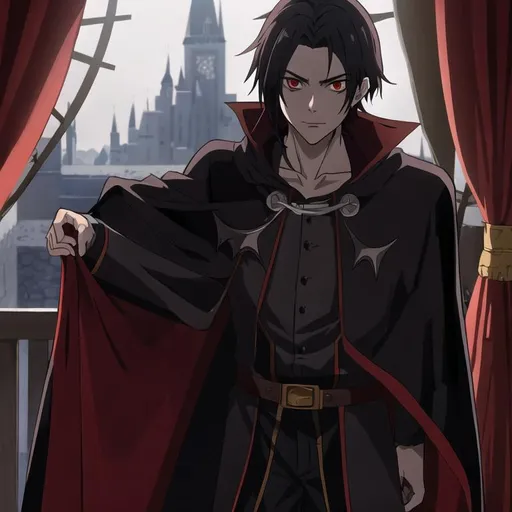 Prompt: Vampire male staring at us with a cloak on in a castle with a window behind him