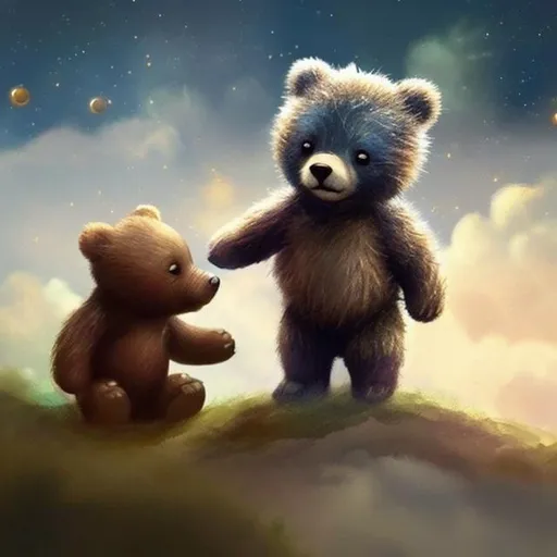 Prompt: creat a little bear that play with a little boy and taked his hands in a sky