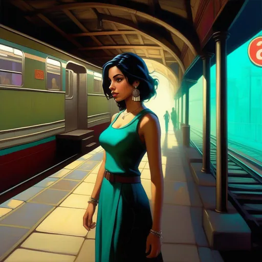 Prompt: Third person, gameplay, young Puerto Rican woman, pale olive skin, black hair, dark brown eyes, early 2000s, abandoned subway station, teal atmosphere, cartoony style, extremely detailed painting by Greg Rutkowski and by Henry Justice Ford and by Steve Henderson 