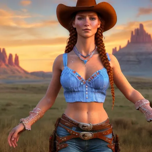 Prompt: HD 4k 3D professional modeling photo hyper realistic beautiful enchanting cowgirl woman dark red hair braids fair skin freckles blue eyes gorgeous face cowgirl outfit magical western landscape hd background ethereal mystical mysterious beauty full body