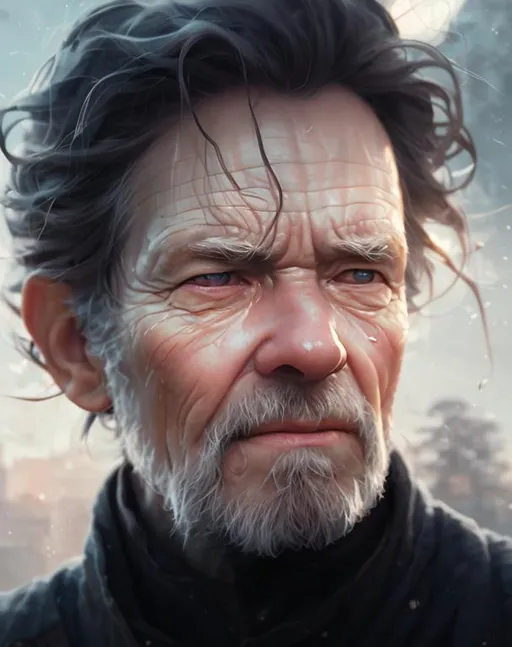 Prompt: Closeup face portrait of an old man, smooth soft skin, big dreamy eyes, beautiful intricate colored hair, symmetrical, anime wide eyes, soft lighting, detailed face, by makoto shinkai, stanley artgerm lau, wlop, rossdraws, concept art, digital painting, looking into camera