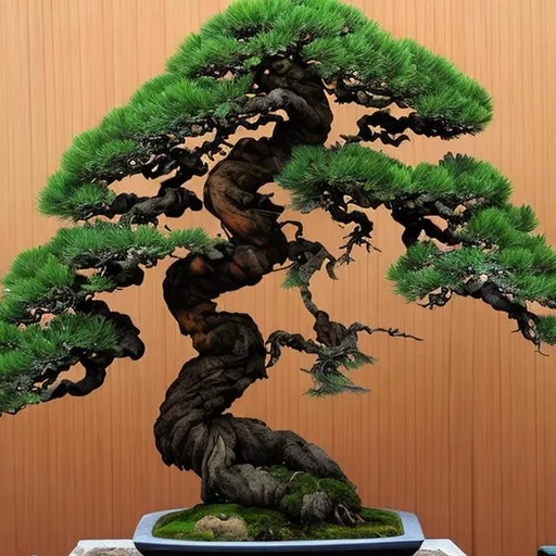 Prompt: optical illusion distorted confusing juniper bonsai tree with deadwood, ninjas climbing on it in japan at sunset