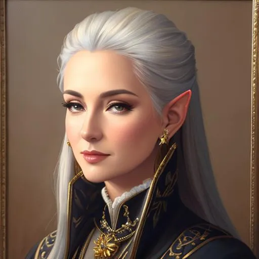Prompt: oil painting, UHD,  8k, Very detailed, panned out view, whole character, female, mature adult, noble clothing, short pointy ears
