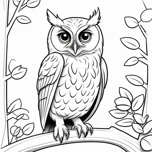 Prompt: create a simple, cute, but realistic, large, animal drawing of a owl with no shading in thick black outline, black lines only leaving space for kids to color in, include minimal landscaping relating to the animal. Drawings to be suitable for a kids coloring book ages 2-5, make sure not to use existing works.