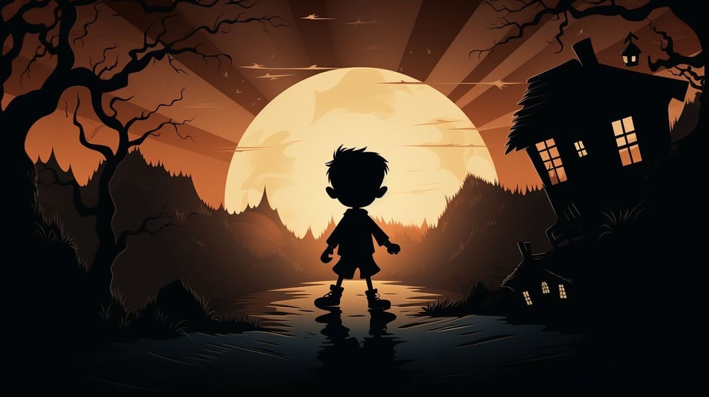 Prompt: vector shadow wonderboy with flashlight in shadowland looking for monsters