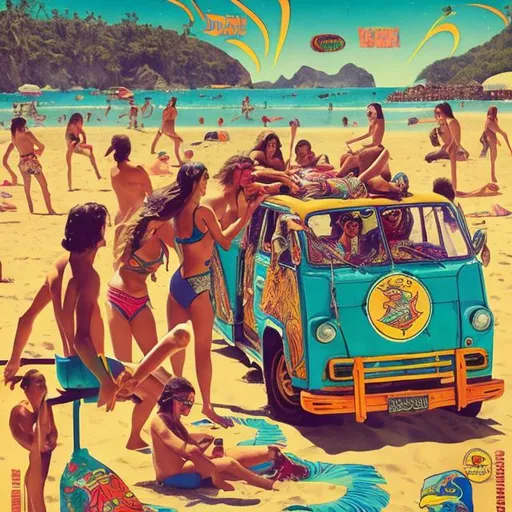 Prompt: Psychedelic gig poster of 'Malenka y sus muchachos', vibrant colors, beach scene with a bus full of people, retro art style, vibrant and neon colors, 70s-inspired, detailed psychedelic patterns, vintage typography, high-energy atmosphere, sunny beach setting, ocean waves, groovy music vibes, vintage bus, artistic flair, energetic crowd, beach party, retro, psychedelic, vibrant colors, groovy typography, energetic atmosphere, detailed patterns, sunny beach, vintage bus, 70s-inspired