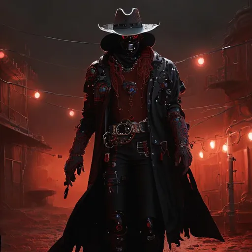 Prompt: Cyber Cowboy with 4 Arms, fiery red Poncho, Dressed in black duster and Stetson Cowboy Hat, with Red eyes, Haunting Presence, Intricately Detailed, Hyperdetailed, Desert Wild West Landscape, Dusty Midnight Lighting, Wild West Feel