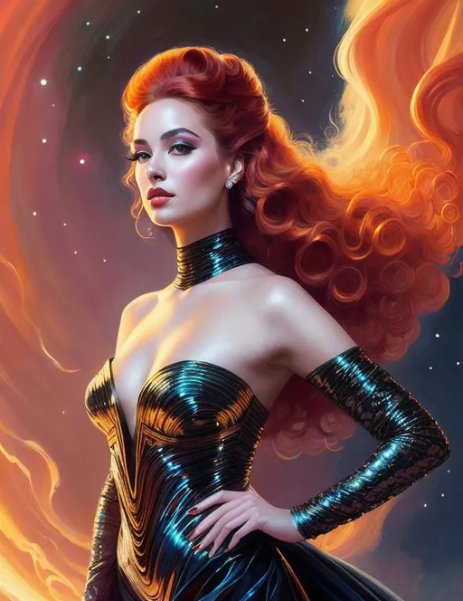 Prompt: Beautiful intergalactic woman, Fancy elegant black opalescent gown, opalescent, dramatic metallic makeup, long ombre red orange curly silky hair by artgerm and Edouard Bisson, highly detailed oil painting, portrait of a beautiful woman, art by Stanley Artgerm, Charlie Bowater, Atey Ghailan and Mike Mignola, intricate details, cinematic postprocessing , long hair, dark fantasty art, digital painting, intricate, detailed, Beksiński, Kehoe, glowing eyes, feathers, intricate, elegant, highly detailed, digital painting, hyperrealism, smooth, sharp focus, illustration, Donato Giancola, Craig Mullins,