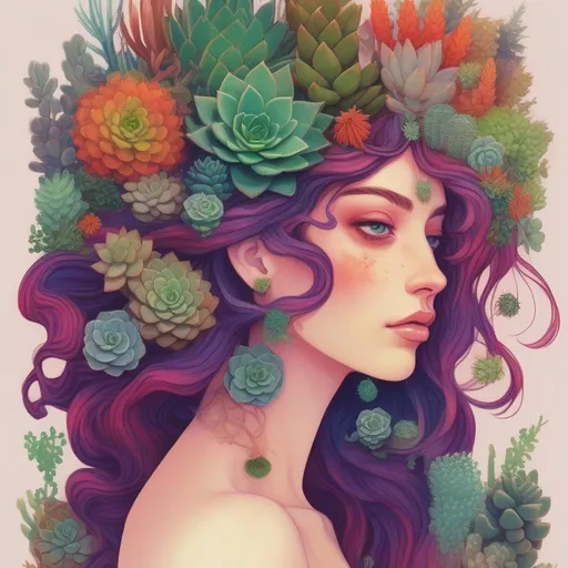 Prompt: Colorful and beautiful Persephone with hair that is made out of the plants and succulents 