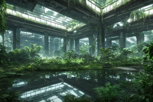 Prompt: Abandoned futuristic city overgrown with lush green plants and reflection pool high resolution 8k
