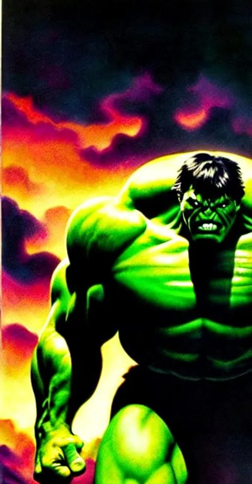 Prompt: Boris Karloff as the Incredible Hulk; by Bernie Wrightson; by Richard Corben; by Ariel Olivetti; in rich oil color with advanced specularity realistic fur volumetric lighting deep focus and subsurface scattering; rule of thirds; dramatic composition
