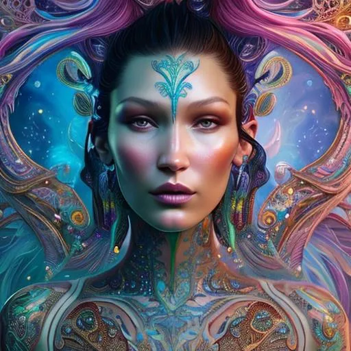 Prompt: Closeup face of Bella Hadid as a heavenly fantasy celestial, bioluminescent prismatic opaline, colorful tribal tattoos, Illustration, Beautiful, Detailed, Intricate, Painting, Vibrant, intricate Design with spirals, golden ratio, Landscape, Cinematic, Photoreal, 4k, 8k, other Worldly, trending on Artstation, deviantart, styled like Wlop on artstation, Magical, golden hour, smooth soft skin, big eyes, beautiful intricate colored hair, symmetrical, anime wide eyes, concept art, digital painting, looking into camera, hyperminimalist