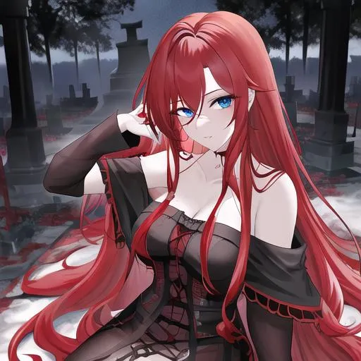 Prompt: Haley 1female. Long red hair styled in loose, voluminous curls, adding a touch of fiery allure to her look. Sunken blue eyes, captivating and full of mystery. Highly detailed face. 8K. UHD.  Ghastly pale, decaying skin. Wearing  tattered, blood-stained clothes. in a graveyard posing for the camera. Young adult. Riding a sleek black broomstick.