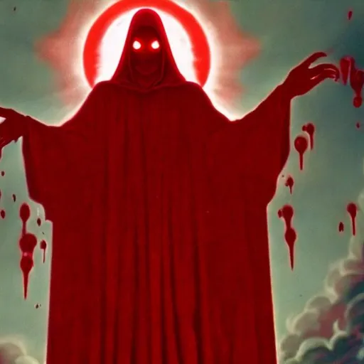 Prompt: I'm dreaming and a giant red cloaked god of blood is looking down on me, reaching out towards me. 