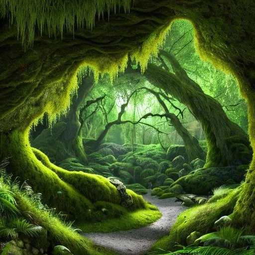 Prompt: A mossy forrest with a cave 
And big luscious green trees hyper realistic 