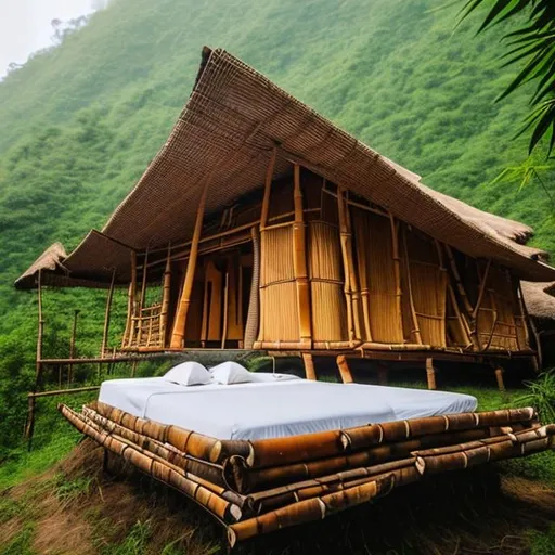 Prompt: a simple bed of bamboo house in the middle of mountain 