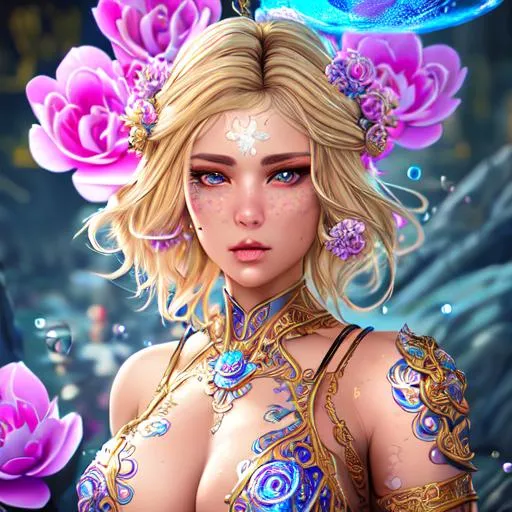 Prompt: intricate portrait blonde warrior, detailed, huge full lips, open bubbles, metal bathing suit, color, flowers, ornate, intricate, flowing, neon, led, fractals, hyper-detailed, 64K, UHD, HDR, unreal engine, vivid colors