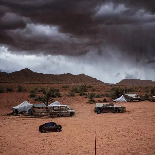 Prompt: Battle in the desert under the rain