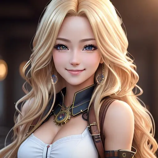 Prompt: extremely realistic, hyperdetailed, extremely long blonde wavy hair anime girl, blushing, smiling happily, wears steampunk clothing, toned body, showing abs midriff, highly detailed face, highly detailed eyes, full body, whole body visible, full character visible, soft lighting, high definition, ultra realistic, 2D drawing, 8K, digital art
