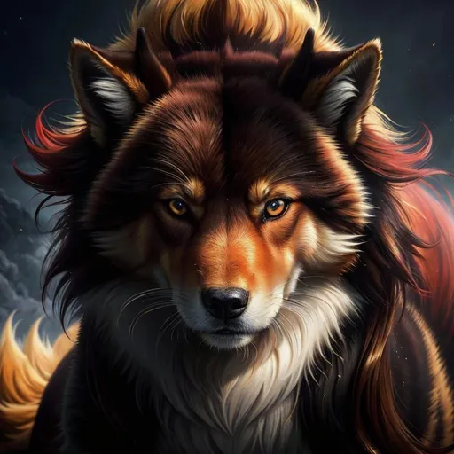 Prompt: 8k, 3D, UHD, masterpiece, oil painting, best quality, artstation, hyper realistic, perfect composition, zoomed out view of character, 8k eyes, Portrait of a (beautiful Ninetales), {canine quadruped}, thick glistening gold fur, deep sinister (crimson eyes), ageless, lives a thousand years, epic anime portrait, wearing a beautiful (silky scarlet and gold scarf), thick white mane with fluffy golden crest, golden fur lighlights, studio lighting, animated, sharp focus, intricately detailed fur, graceful, regal, cinematic, magnificent, sharp detailed eyes, beautifully detailed face, highly detailed starry sky with pastel pink clouds, ambient golden light, perfect proportions, nine beautiful tails with pale orange tips, insanely beautiful, highly detailed mouth, symmetric, sharp focus, golden ratio, complementary colors, perfect composition, professional, unreal engine, high octane render, highly detailed mouth, Yuino Chiri, Anne Stokes