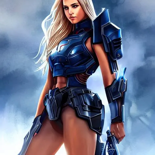 Prompt: Cute girl, 15 years old, sleeveless, blonde hair, tan body, battlefield, ethereal, dark blue mech suit, stunning, royal vibe, highly detailed, digital painting, HD quality, tan skin,artgerm