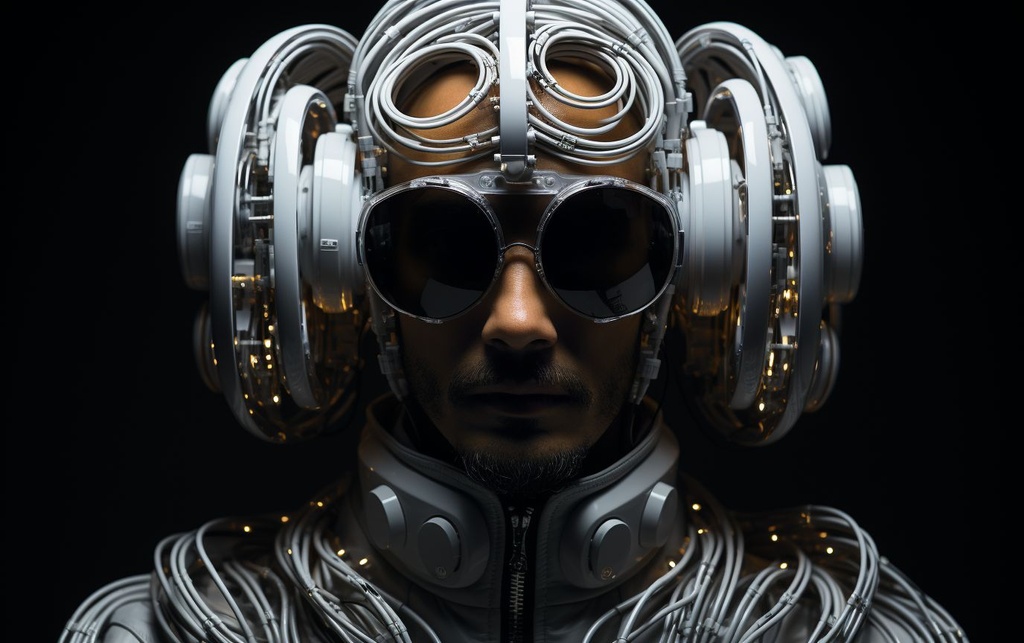 Prompt: human made of oscillating chrome rings