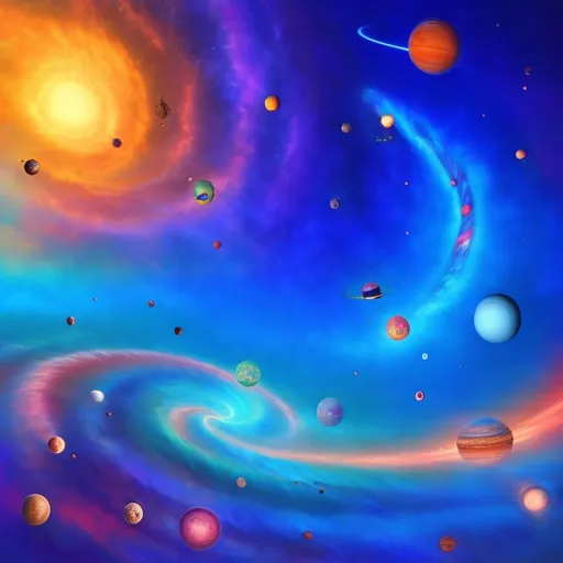 Prompt: Masterpiece, 4k, photorealistic, colorful, photorealistic. spiral parade of planets bright colors