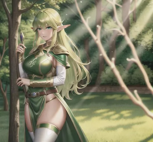 Prompt: Beautiful Elven woman Ranger with a bow in her hand, in a tree, green eyes, blond hair, wearing green blended leather armor, volumetric lighting, deep color, filmic, Fantasy, Elven ranger, Dungeons & Dragons Art