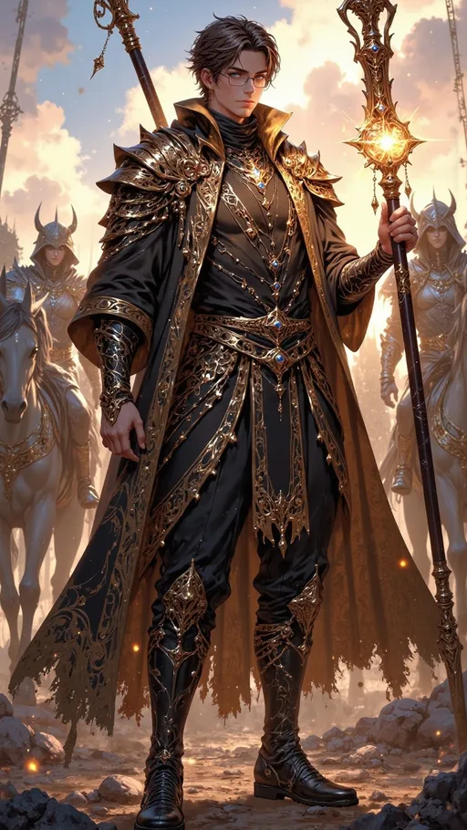 Prompt: ((tall masculine adult man)) as a ((magical lancer)) with ((short brown hair)), brown eyes, ((rectangle glasses)), dressed in ornate entirely brown layered textured lancer gear, left hand holding ((magic huge polearm lance weapon)). 

sunny skies, high contrast lighting, ((wide length camera)), long distance , long shot, left side angle, wide depth of field. film grain, film textures. 

Overall feeling of conflict. The background is a high detailed battlefield. magic aura. armored horse behind.