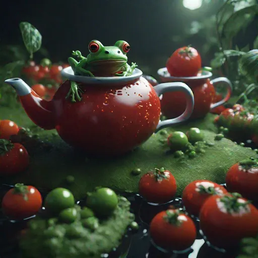 Prompt: extraterrestrials tomatoes and  frogs world in teapot, octane render, Unreal Engine 5, kodak style