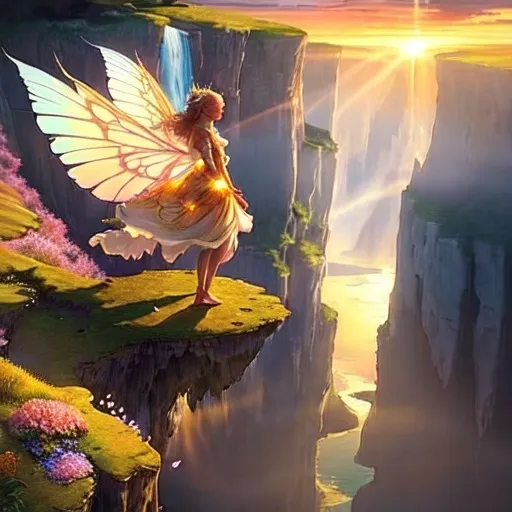 Prompt: "A fairy standing on the edge of a cliff, overlooking a magical valley with floating islands and waterfalls. Her wings catch the golden light of the setting sun, and a soft breeze carries glowing petals around her."