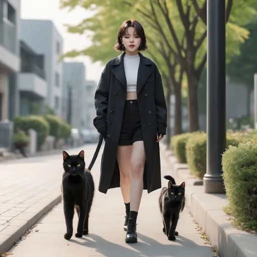 Prompt: park jimin is walking down the sidewalk carrying a black cat, frontal view, 4k realism