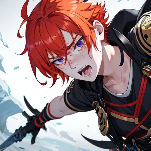 Prompt: Erikku male (short ginger hair, freckles, right eye blue left eye purple) UHD, 8K, Highly detailed, insane detail, best quality, high quality, angry, full body