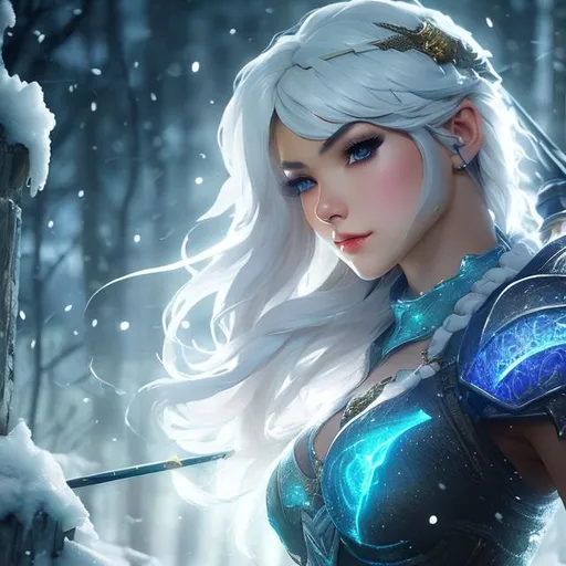 Prompt: upper torso portrait of league of legend's Ashe as frost archer, soft lighting, perfect composition, cinematic, video game trailer, dramatic, detailed painting, 8k, octane render, by makoto shinkai, stanley artgerm lau, wlop, rossdraws, concept art, digital painting, looking into camera,