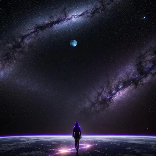 Prompt: Hyper realistic purple and blue space madness; very graphic; beautiful woman wandering alone in space