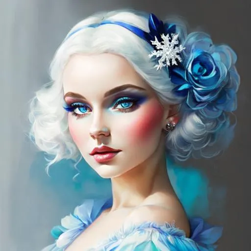 Prompt: A beautiful woman, snow white hair with pastel highlights, frosty blue eyes, blue eyeshadow, blue jewels on forehead