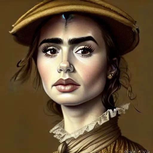 Prompt: highest quality portrait of Lily Collins dressed as a rugged 17th century woman in a jacket, victorian, detailed face, fantasy, close up face, highly detailed, cinematic lighting, digital art painting by Olga Skomorokhova, ultra sharp, smooth sharp focus, artstation hq, behance hd, trending on artforum, on display