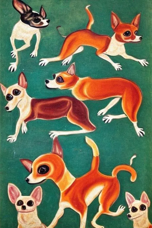 Prompt: Chihuahuas at play painted by a pre Colombian artist 