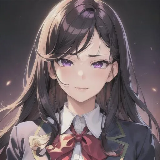 Prompt: (masterpiece, illustration, best quality:1.2), smug expression, curly black hair, purple eyes, wearing schooluniform, best quality face, best quality, best quality skin, best quality eyes, best quality lips, ultra-detailed eyes, ultra-detailed hair, ultra-detailed, illustration, colorful, soft glow, 1 girl