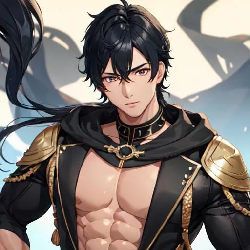 Prompt: Male (black hair in the front blue hair in the back) (brown eyes) buff, muscular,UHD, 8K, highly detailed