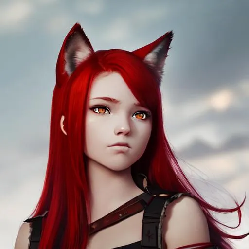 Prompt: a young woman in her teens, red hair, red eyes and redskin with one wolf ear