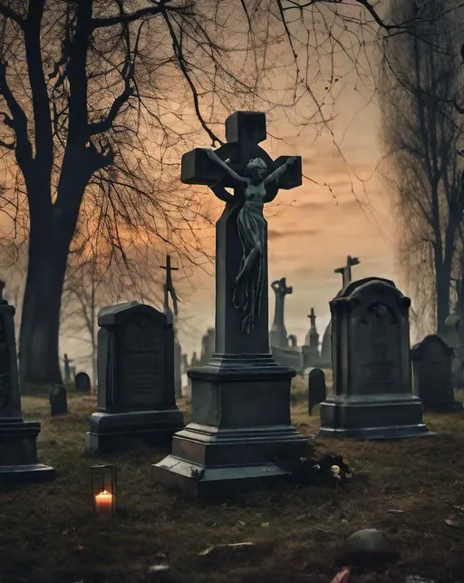 Prompt: An eerie graveyard scene at dusk, painted in the gothic style of Alphonse Mucha. Shot with a shallow depth of field using moody, directional lighting. The mood is haunting and dramatic.