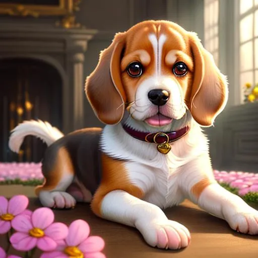 Prompt: Highly realistic of Beagle dog,cute,pretty eyes,Adorable,happy,playing,masterpiece,epic,soft lighting,fancy,highly detailed,Sharp focus,mansion,full of flowers,riches,living room,ultra-fine detailed,aesthetic,ilustration,artstation