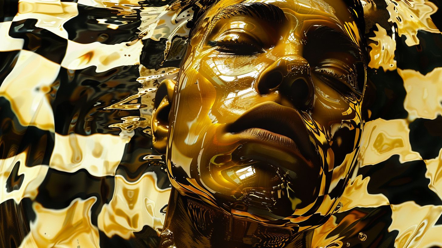 Prompt: liquid the and face the both of qualities reflective and fluidity the accentuates light of play The. further features its distorting face the onto pours honey or gold molten resembling amber, Liquid. background checkerboard a into melded seemingly and submerged partially face, human a of depiction surrealistic a showcases image The.
